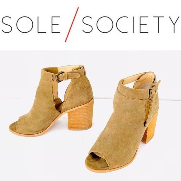 Sole Society Shoes - Sole Society Ferris Suede Peep Toe Block Heel Side Zip Tan Leather Womens Size 6